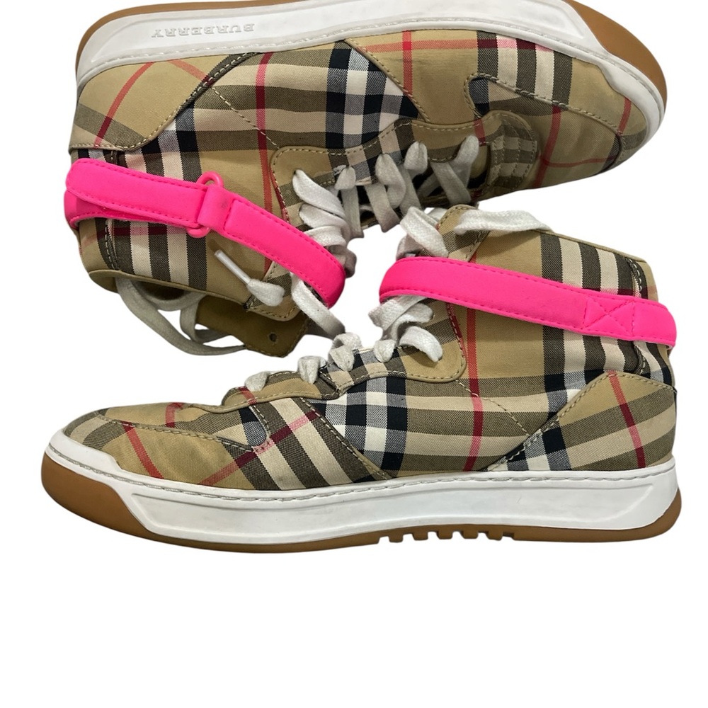 Burberry Check High-Top Sneakers with Pink Accents